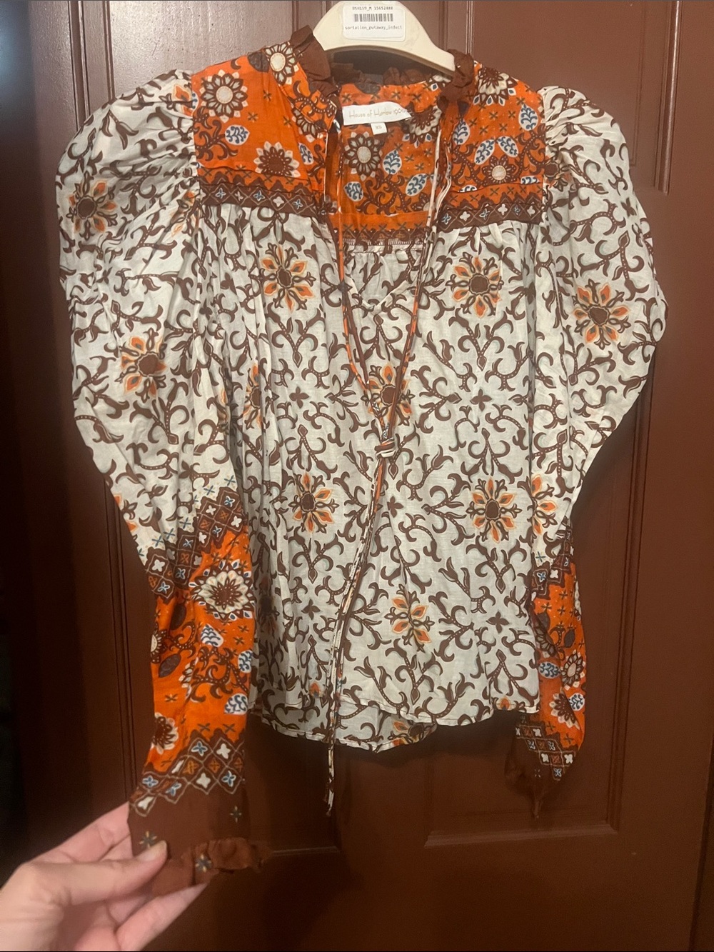 House of Harlow 1960 Orange, Cream & Brown Boho Floral Peasant Blouse